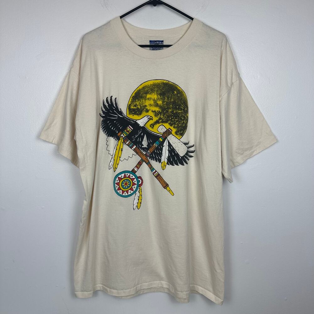 Vintage Umbro Mens Eagle Tomahawk Moon Single Stitch Crewneck Beige T-Shirt XL